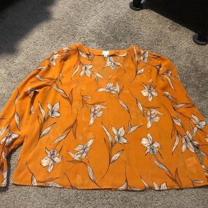 Orange Floral Blouse, Bell Sleeves XXL